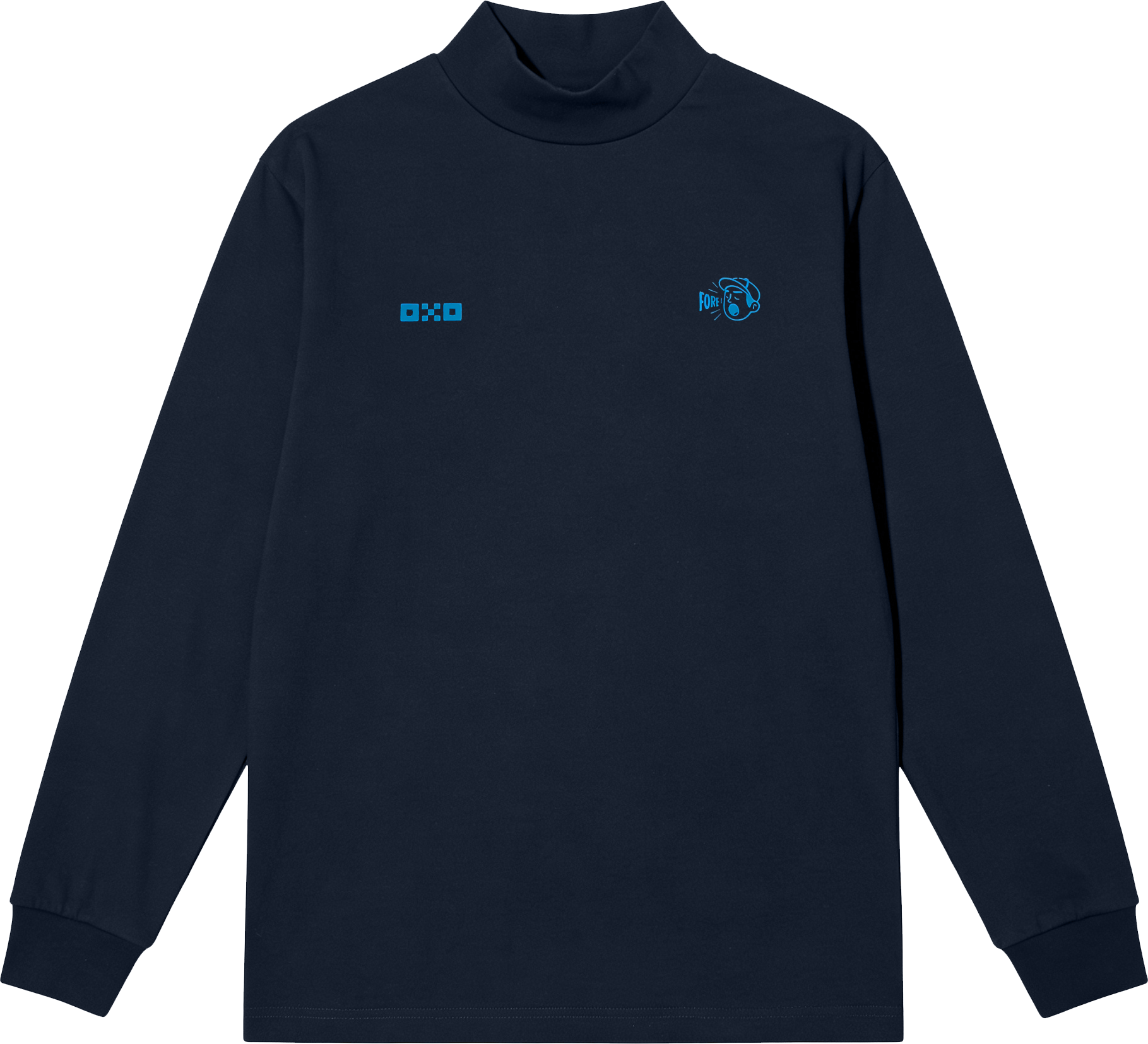 Black turtleneck sweater with blue logos on a white background