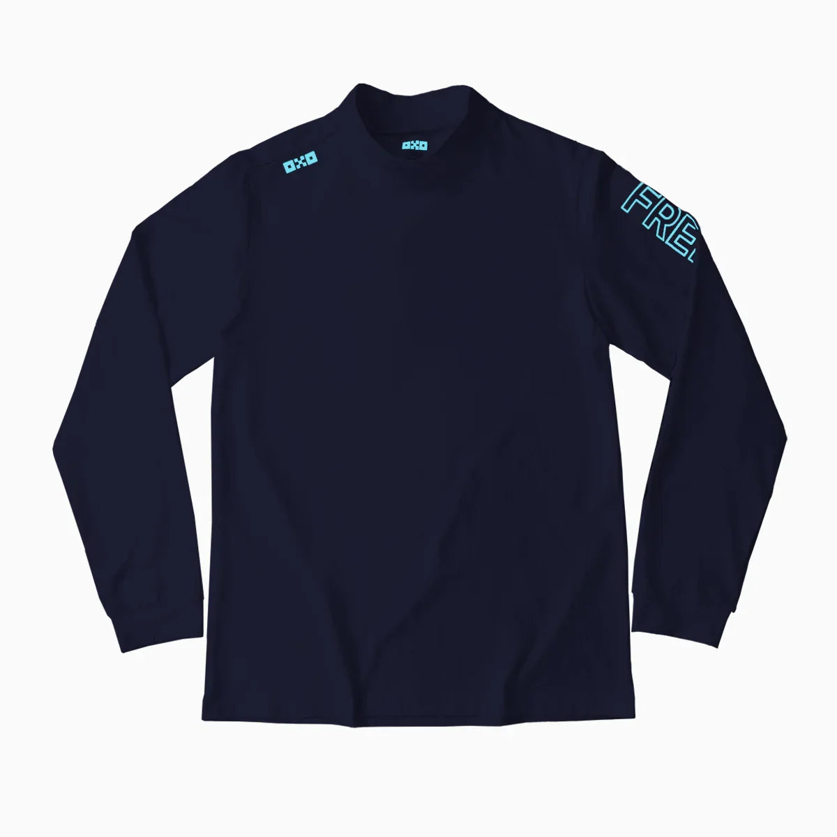 Navy long-sleeve shirt with branding on a white background