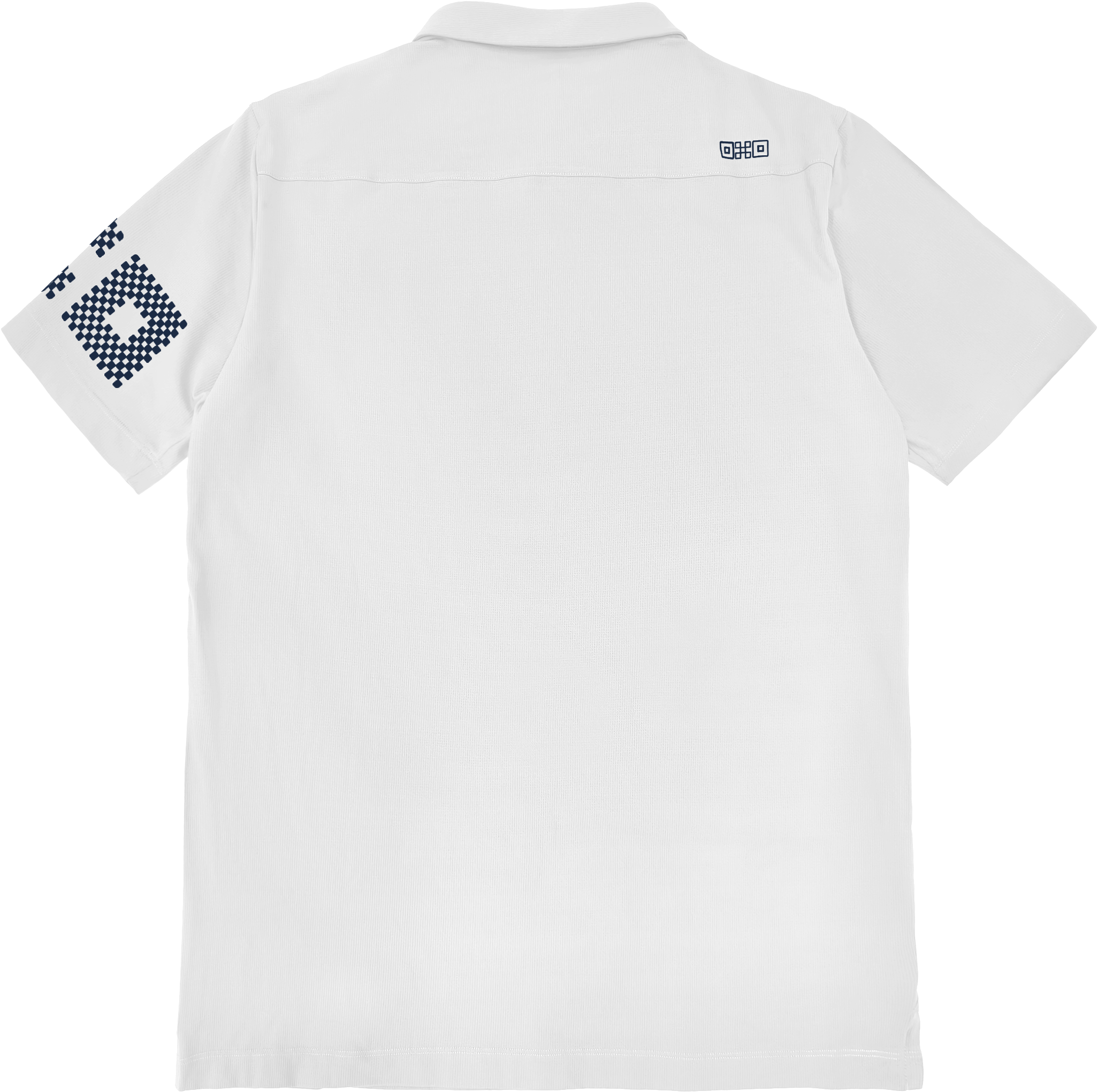 White polo shirt with checkered pattern on sleeve and logo on chest against a white background