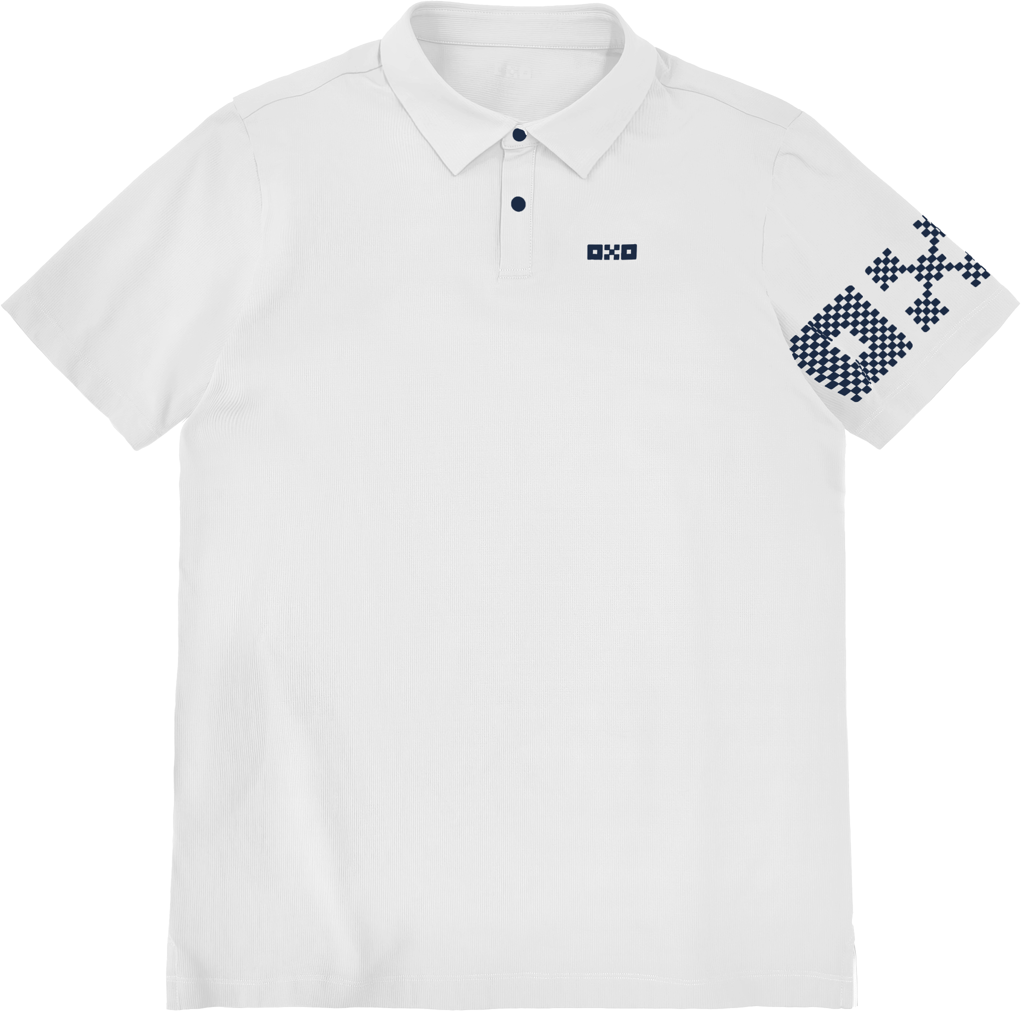 White polo shirt with geometric patterns on sleeves against a white background