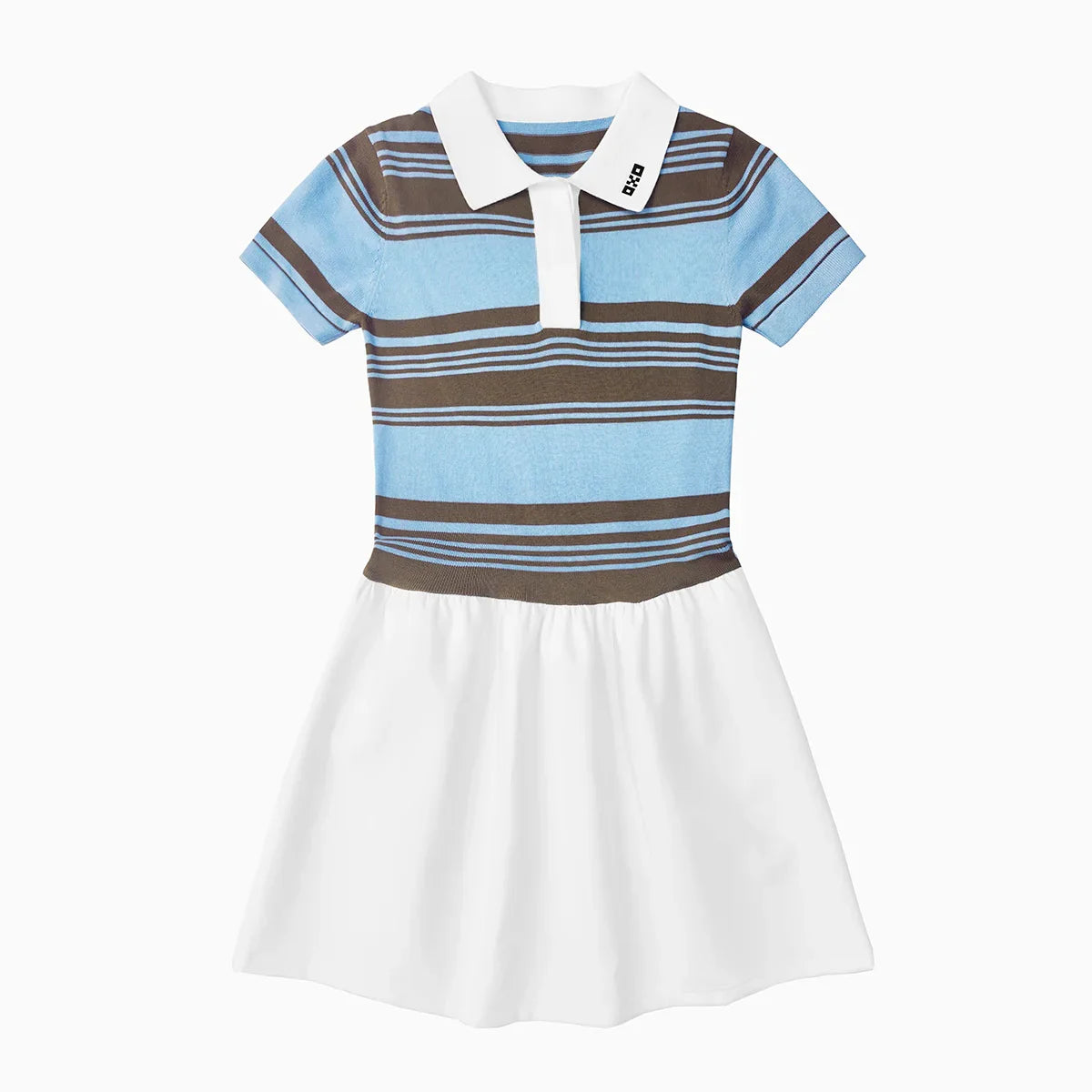 Children's dress with striped bodice and white skirt on a white background