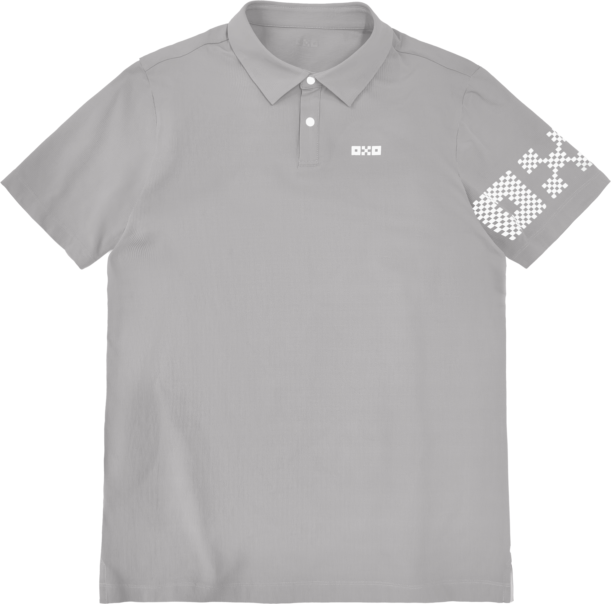 Gray polo shirt with brand logo on sleeve against a white background