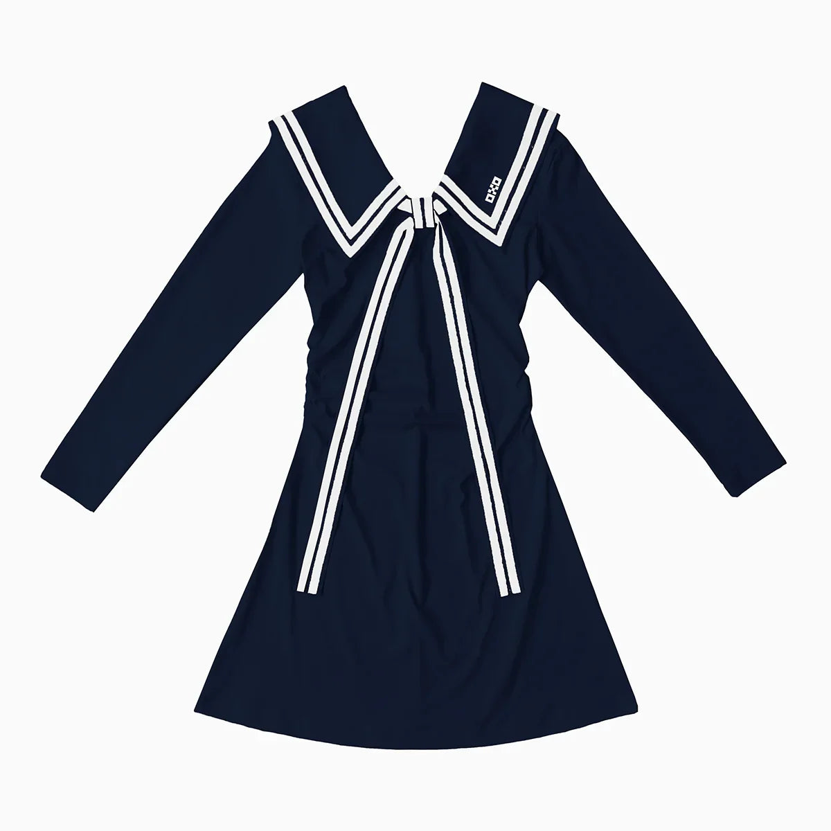 Navy blue dress with white trim on a white background