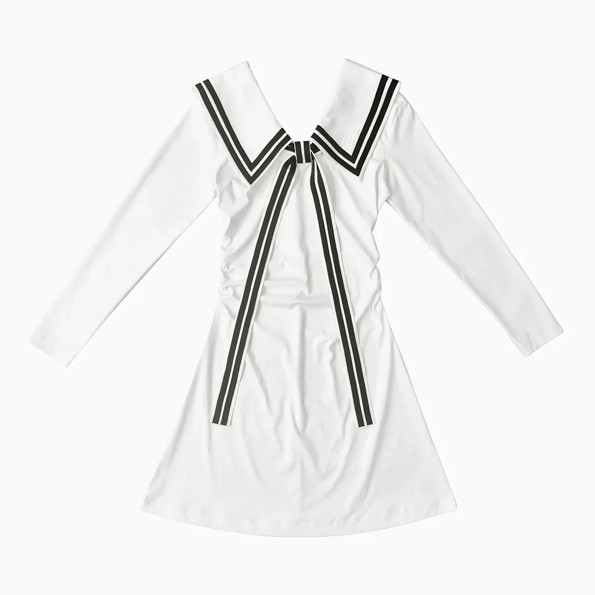 White dress with black ribbon details on a white background