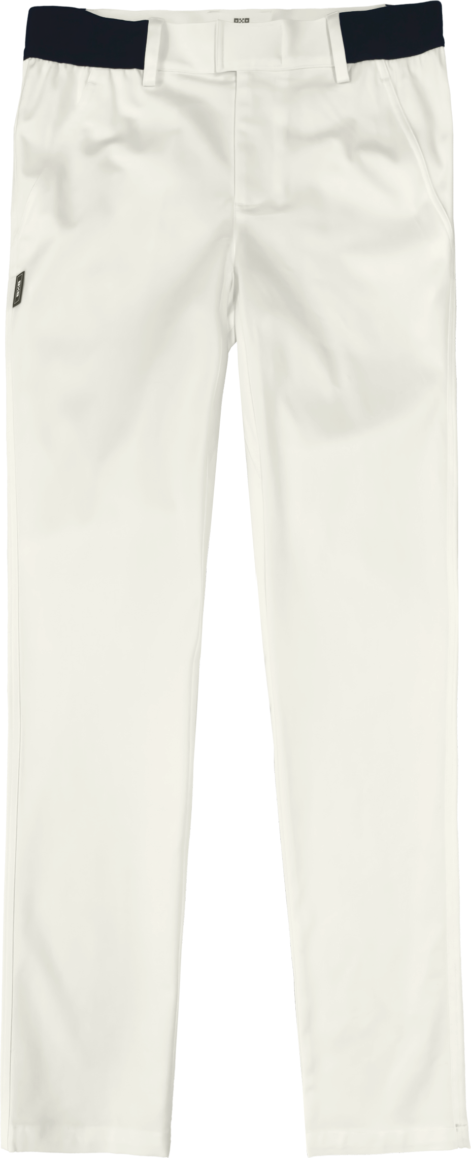 White pants with a black waistband on a white background