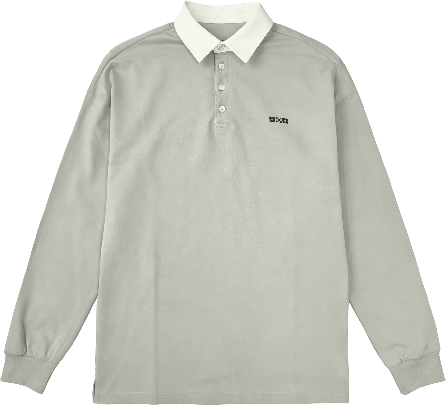 Gray long-sleeve polo shirt with white collar on a white background