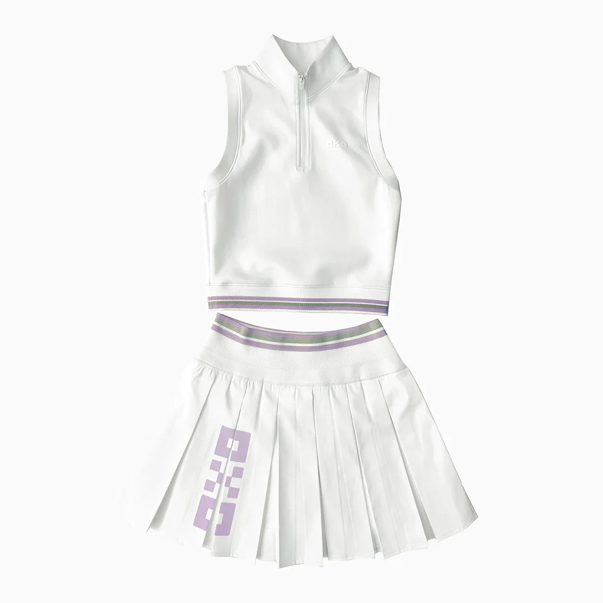 White sleeveless top and skirt set with purple accents on a white background