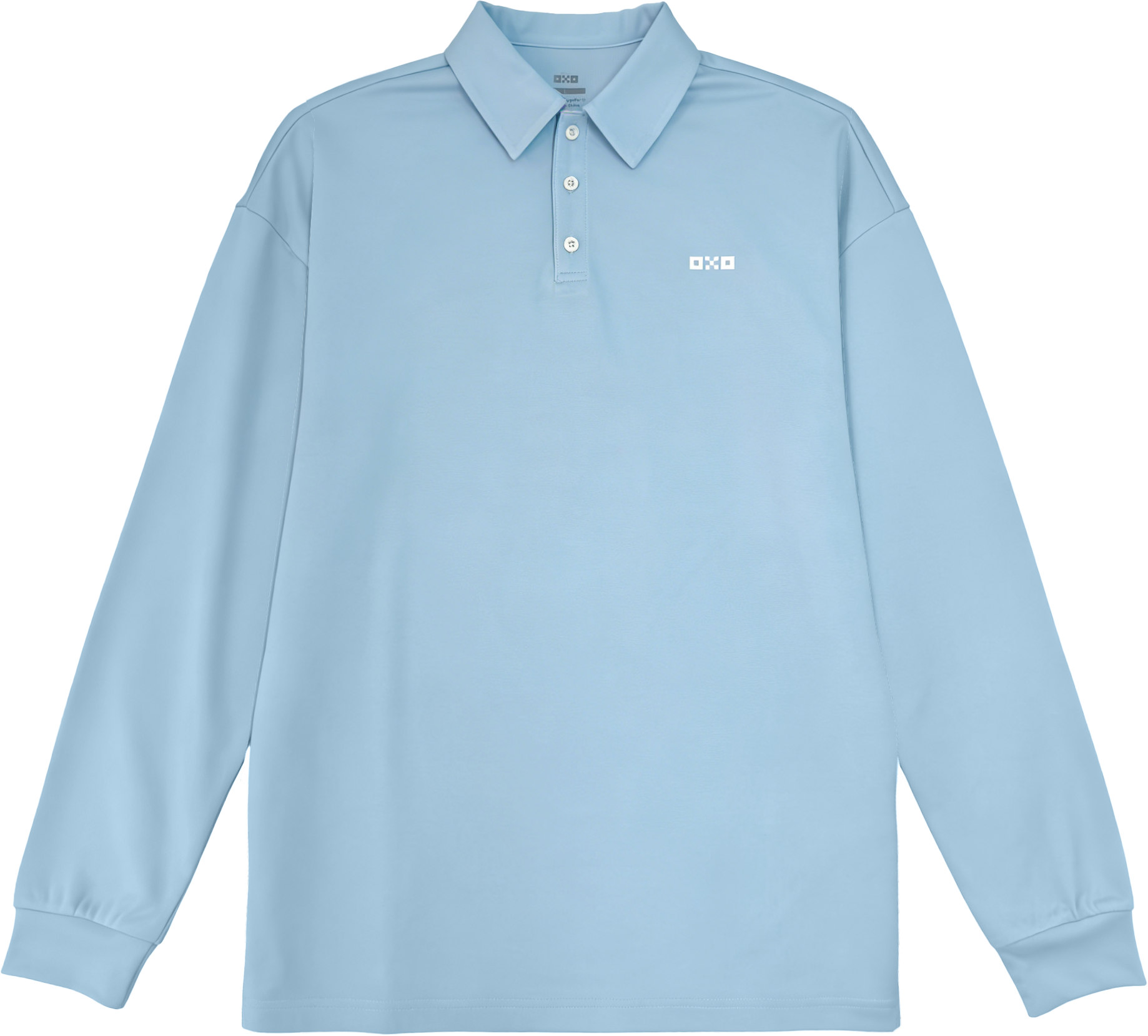 Light blue long-sleeve polo shirt with a logo on a white background
