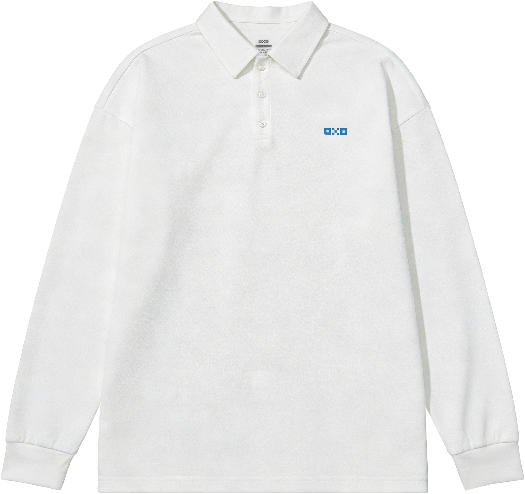 White long-sleeve polo shirt with a small logo on a white background