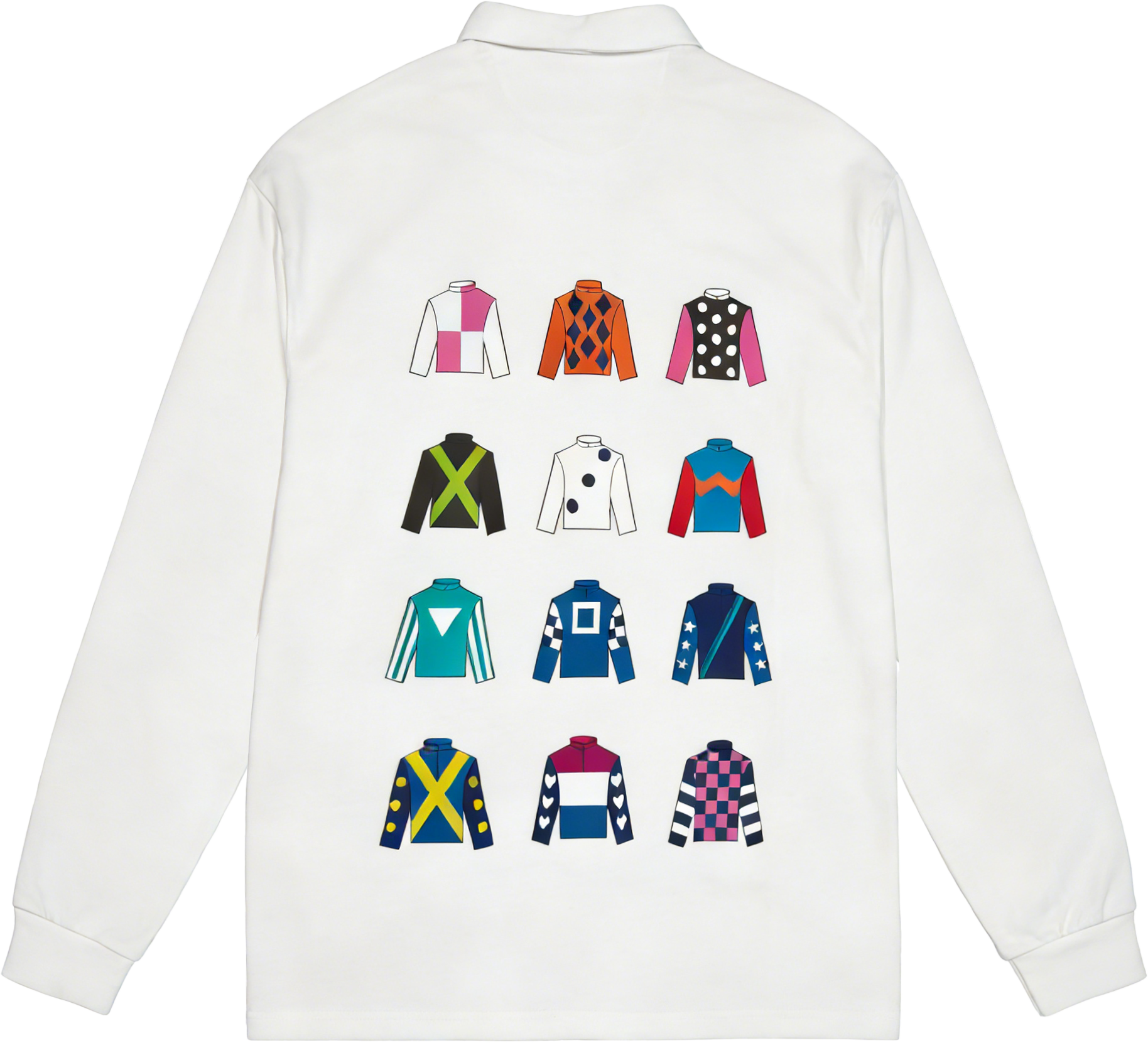 White shirt with colorful jockey silks designs on a white background