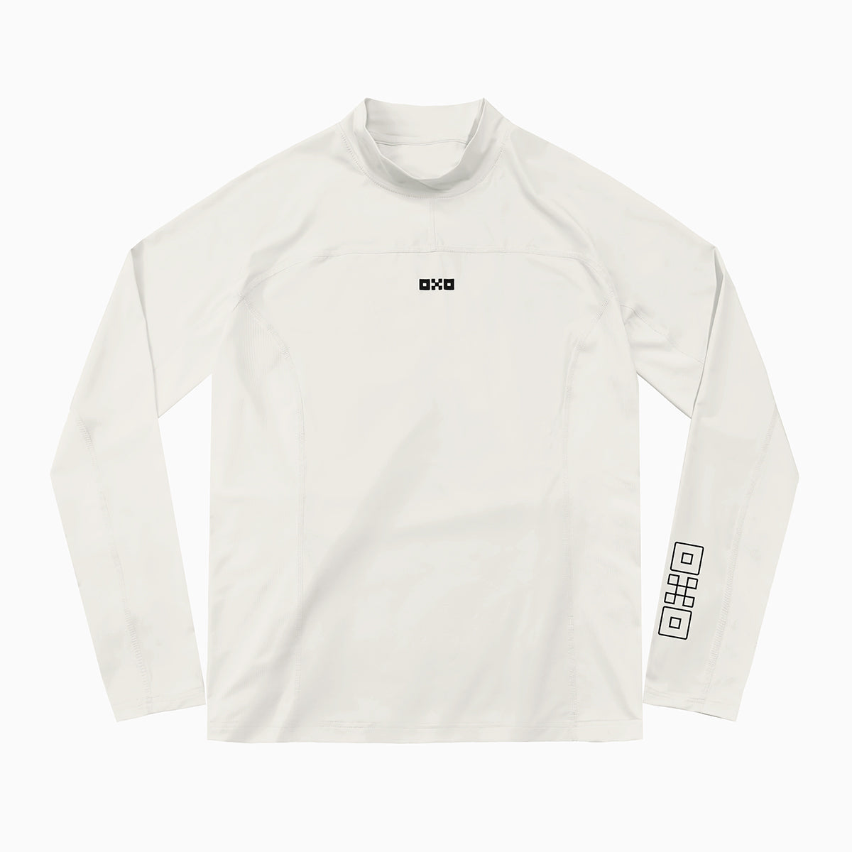White long-sleeve shirt with branding on a white background