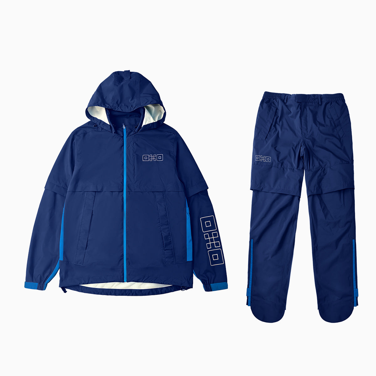 Blue raincoat and pants set with visible branding on a white background