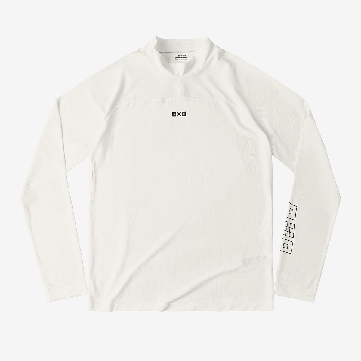 White long-sleeve shirt with branding on a white background