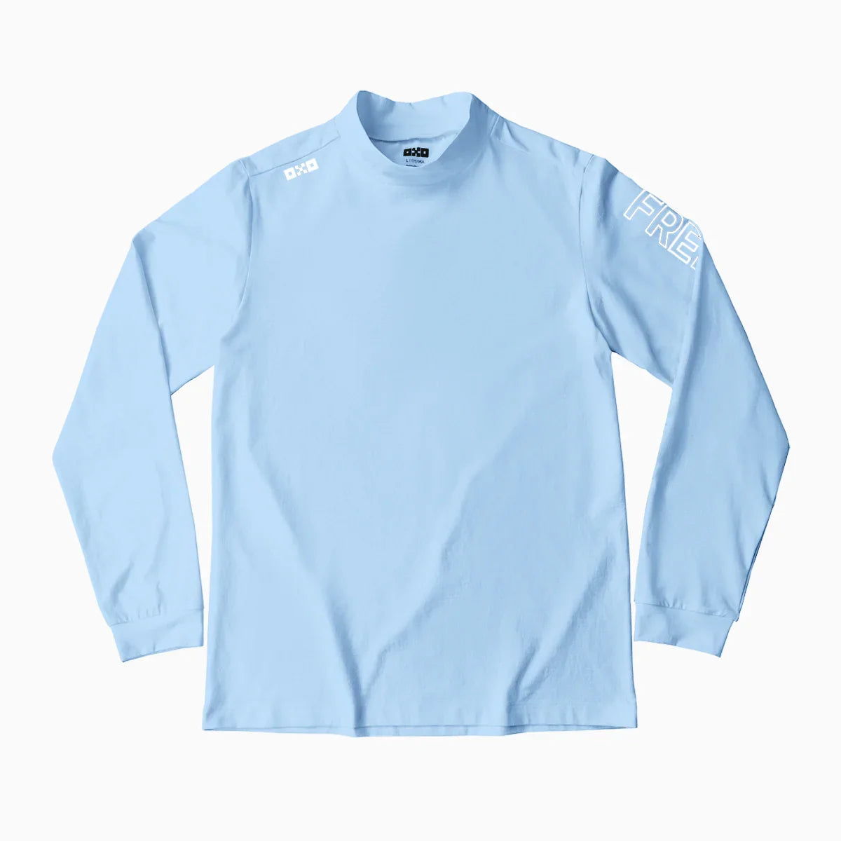 Light blue long-sleeve shirt with branding on a white background