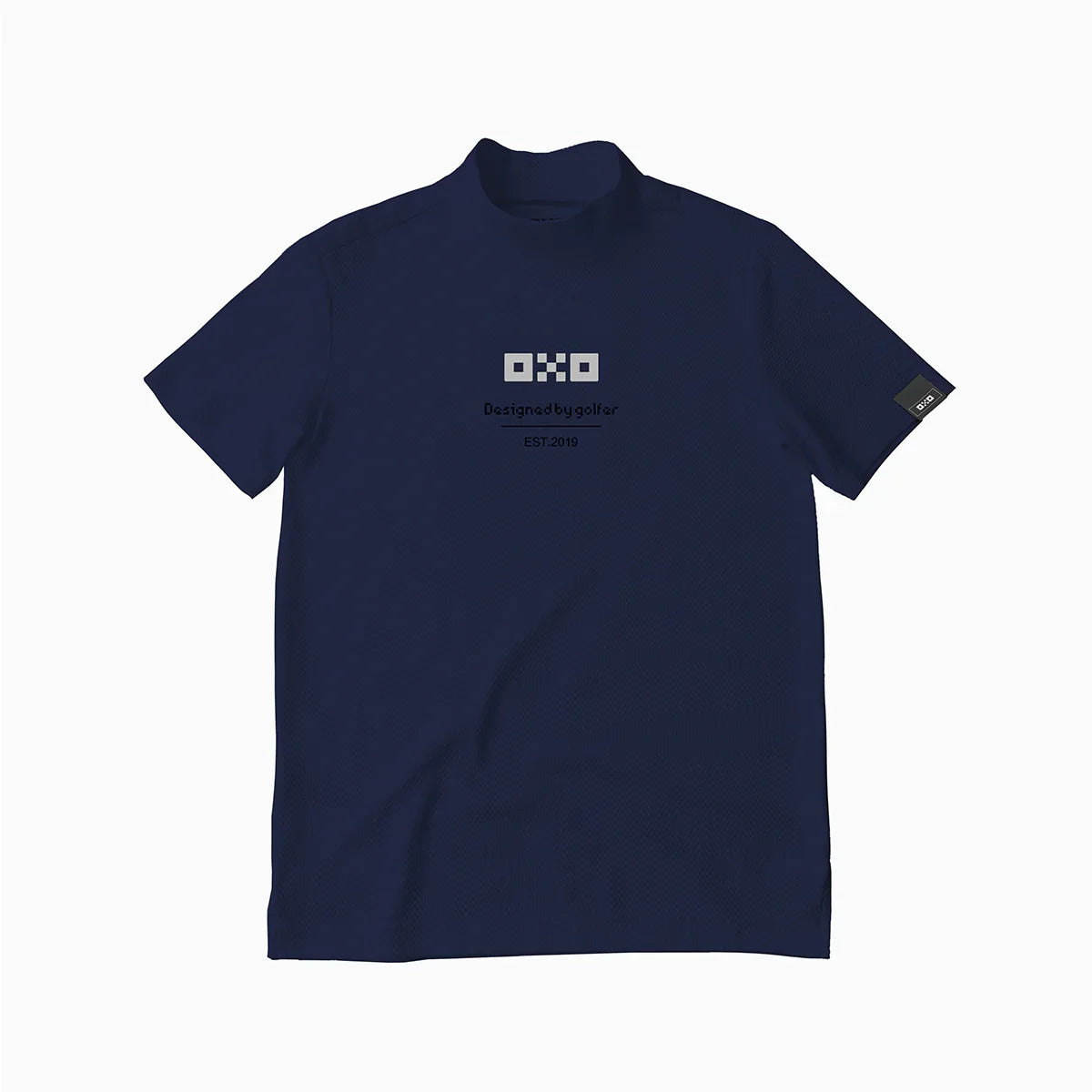 Navy blue t-shirt with branding on a white background