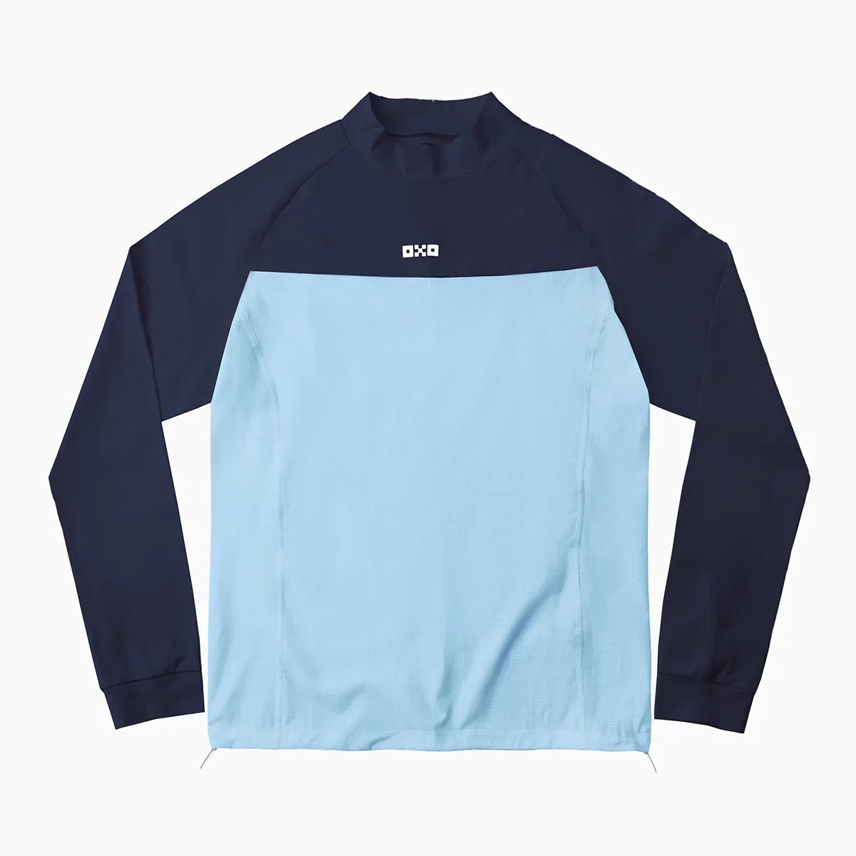 Long-sleeve shirt with navy sleeves and light blue center on a white background