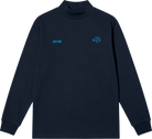 Black turtleneck sweater with blue logos on a white background