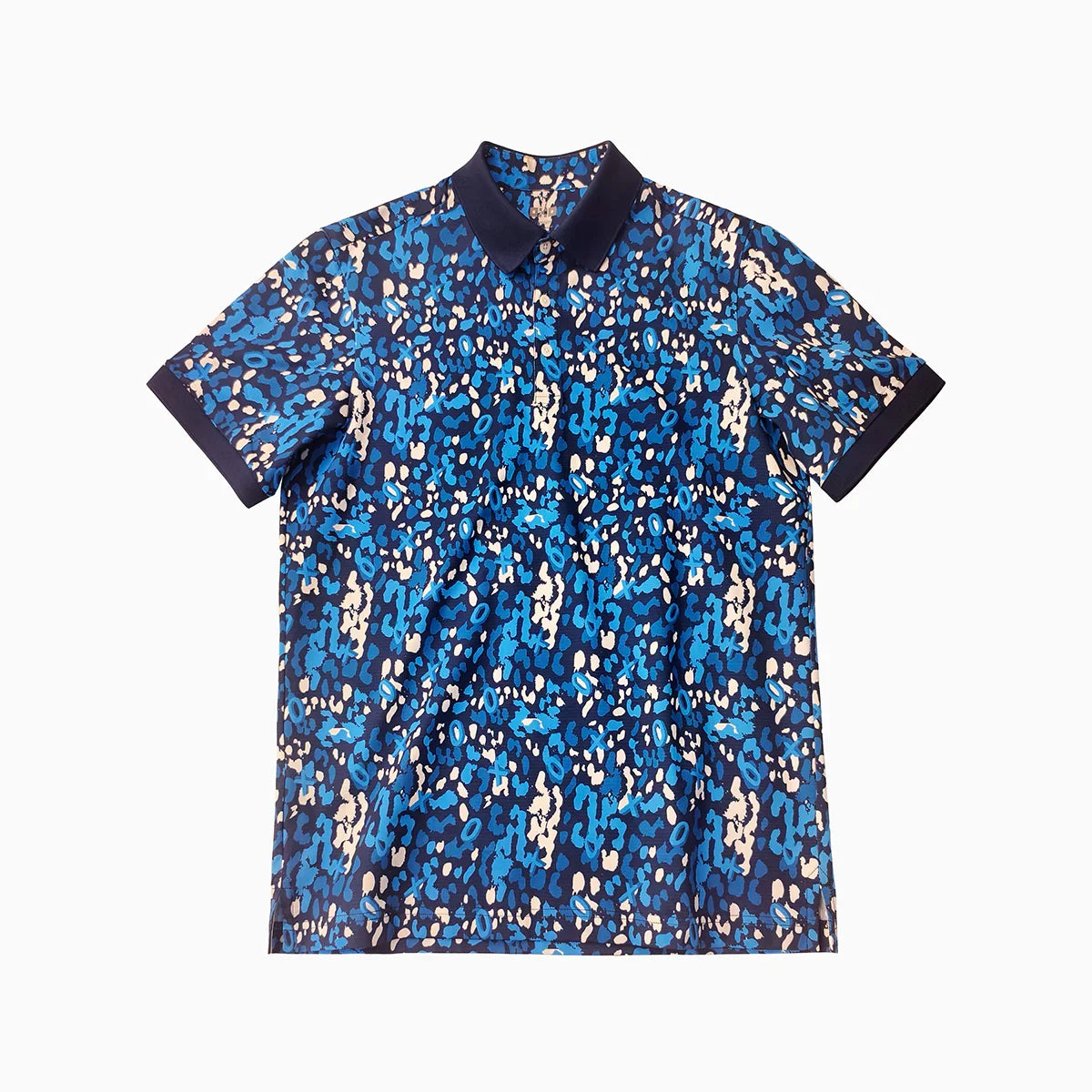 Short-sleeve shirt with blue and beige abstract pattern on a white background