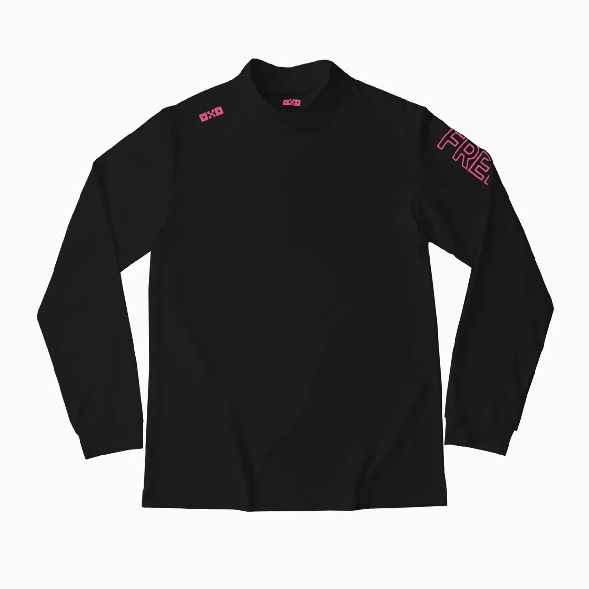Black long-sleeve shirt with pink text on a white background