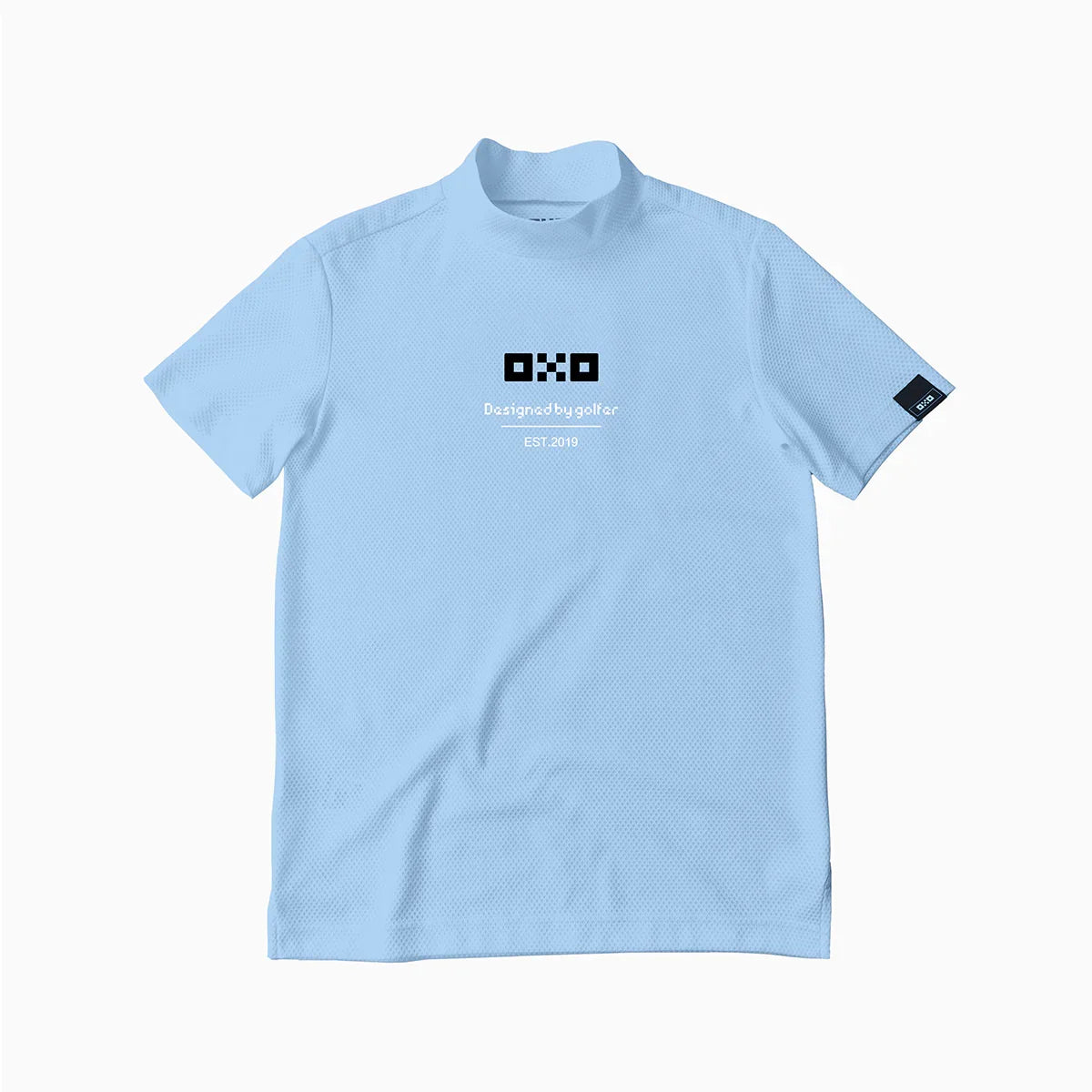 Light blue t-shirt with black and white logo on a white background