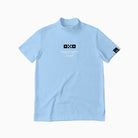 Light blue t-shirt with black and white logo on a white background
