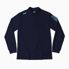 Navy long-sleeve shirt with branding on a white background