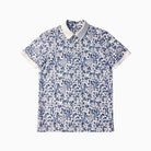 Short-sleeve shirt with blue and white abstract pattern on a white background