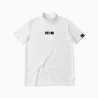 White t-shirt with black logo and text on a white background