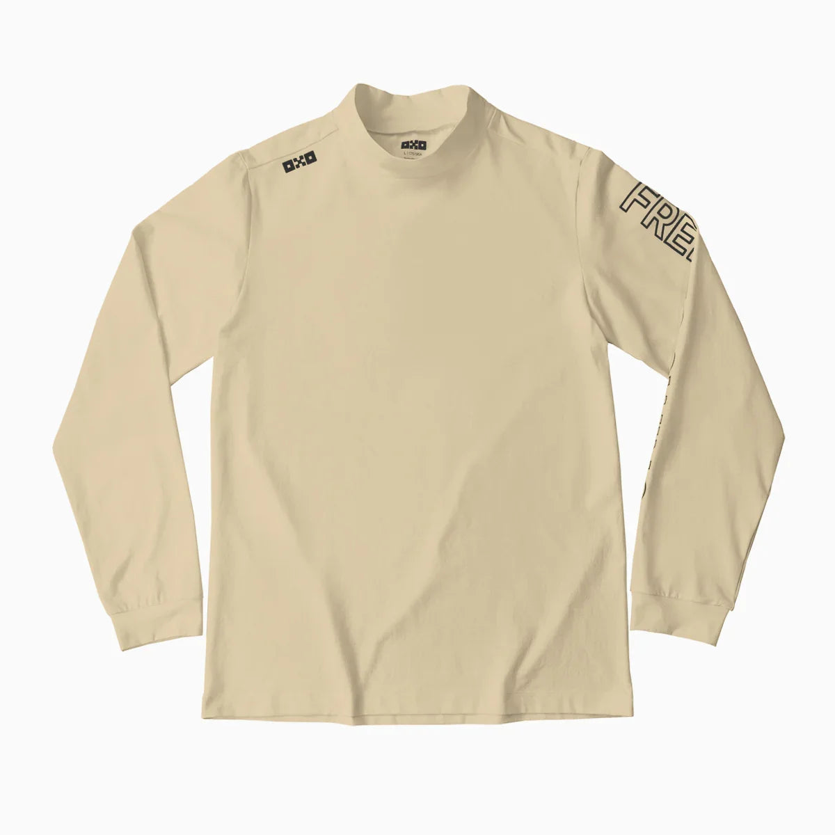 Beige long-sleeve shirt with branding on a white background