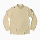 Beige long-sleeve shirt with branding on a white background