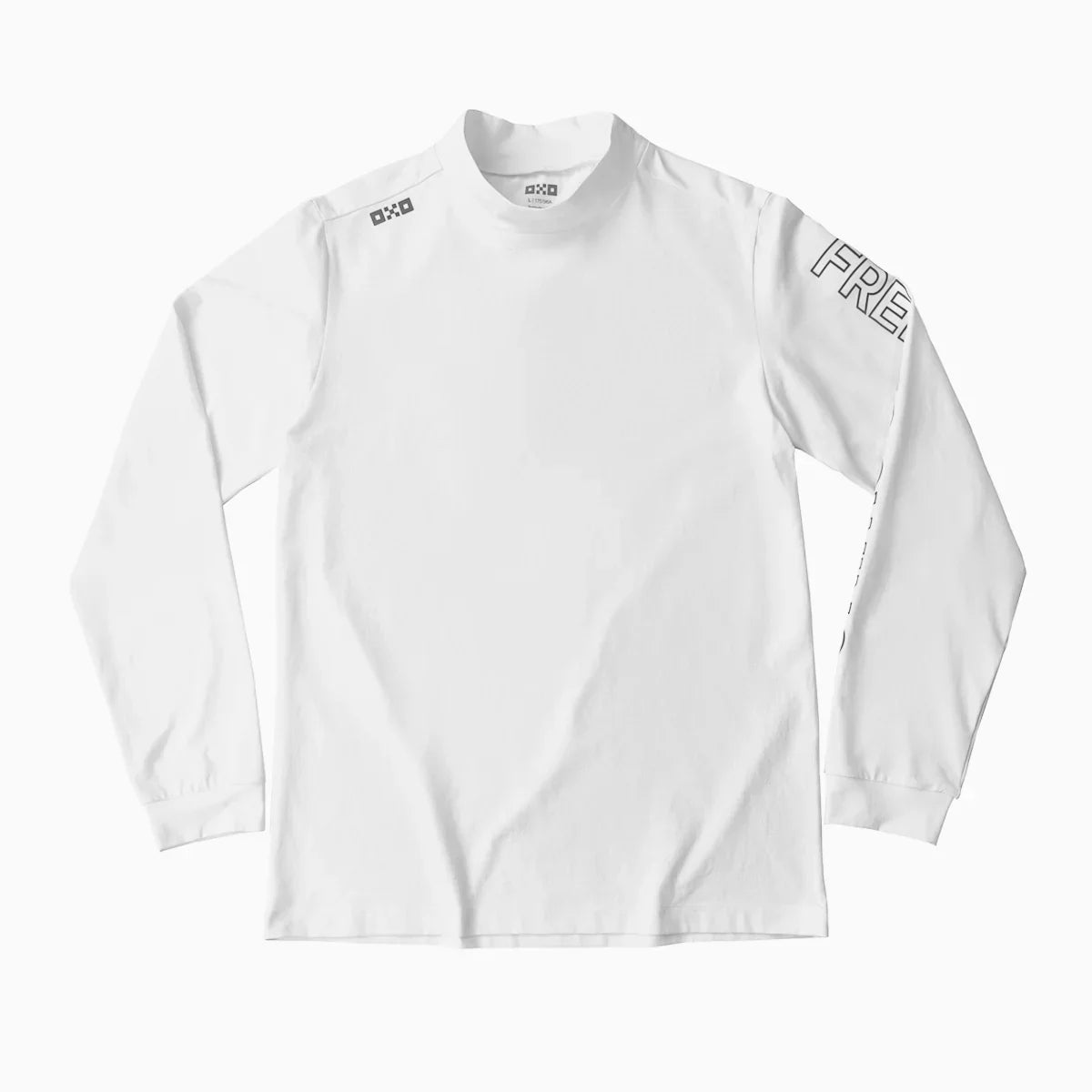 White long-sleeve shirt with branding on a white background