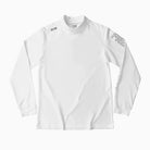 White long-sleeve shirt with branding on a white background