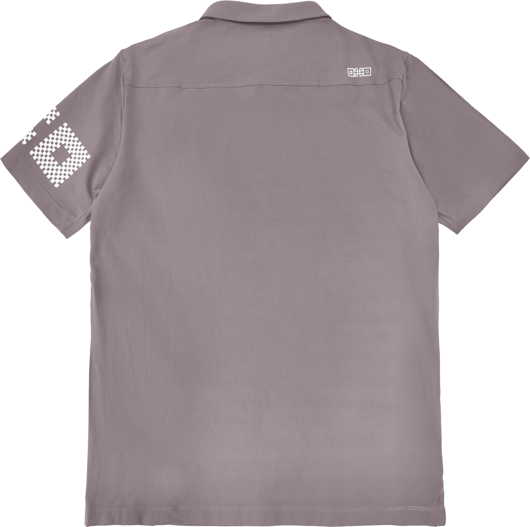 Gray polo shirt with brand logo on the chest and sleeve, on a white background
