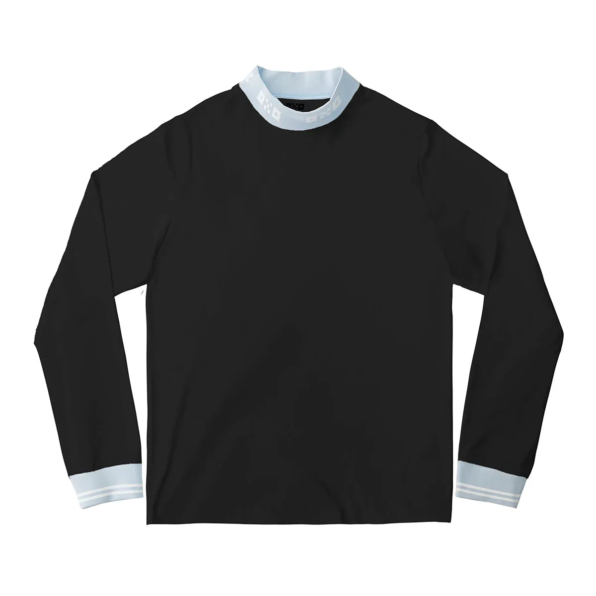 Black long-sleeve shirt with white trim on a white background