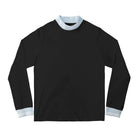 Black long-sleeve shirt with white trim on a white background