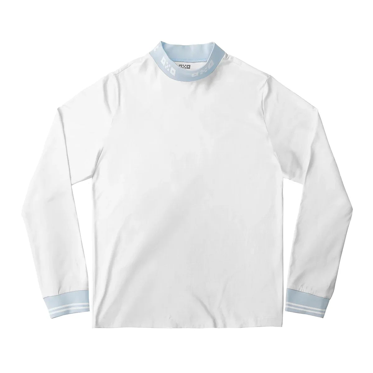 White long-sleeve shirt with light blue trim on a white background