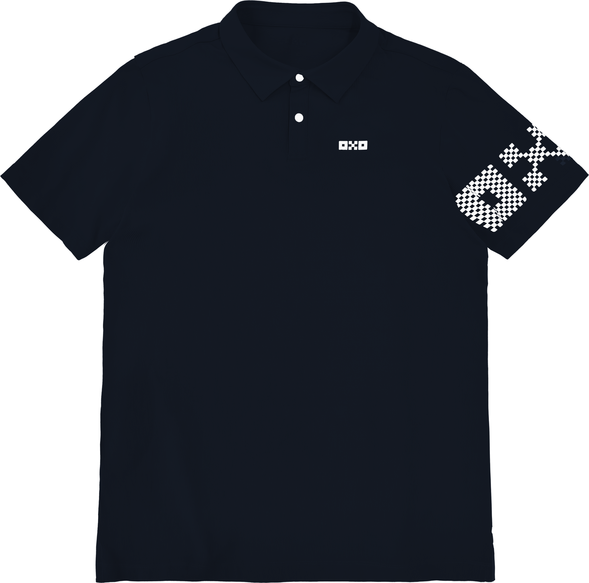 Black polo shirt with white logo on chest and patterned sleeve on a white background