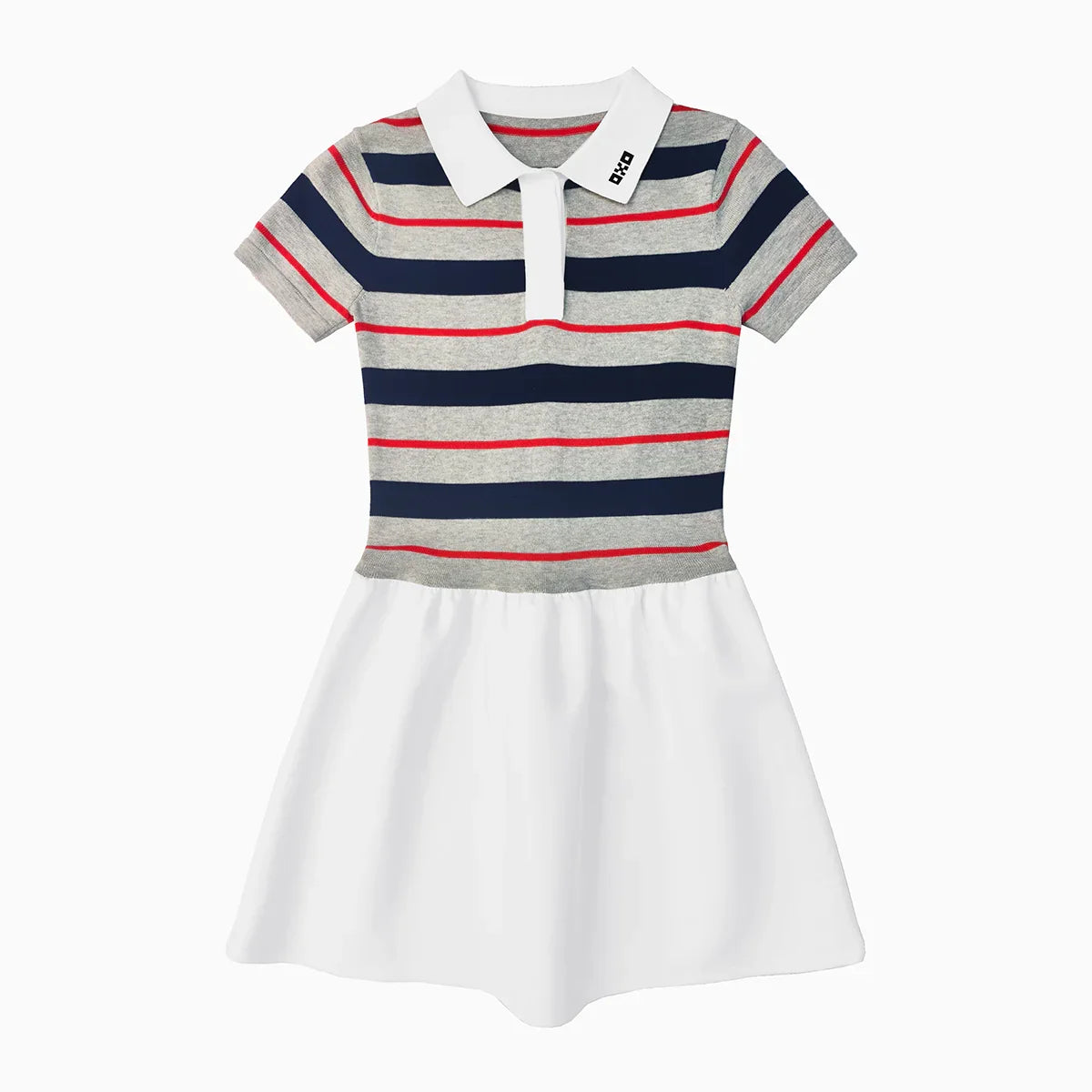 Children's dress with striped bodice and white skirt on a white background