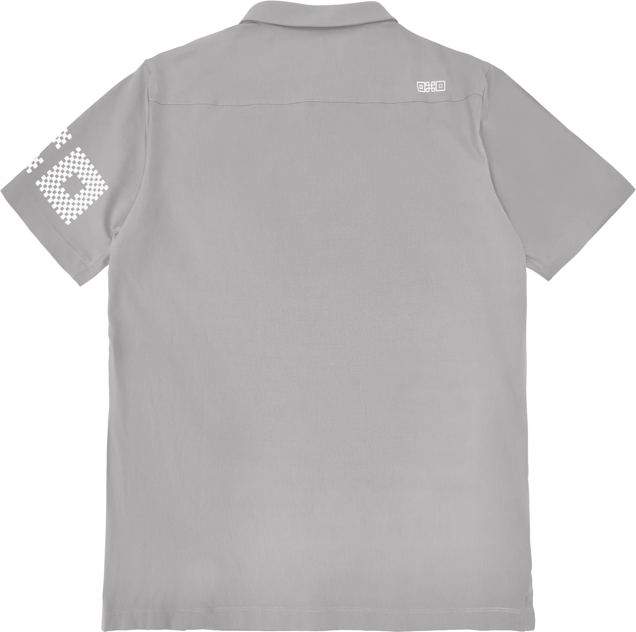 Gray polo shirt with brand logo on the chest and sleeve, on a white background