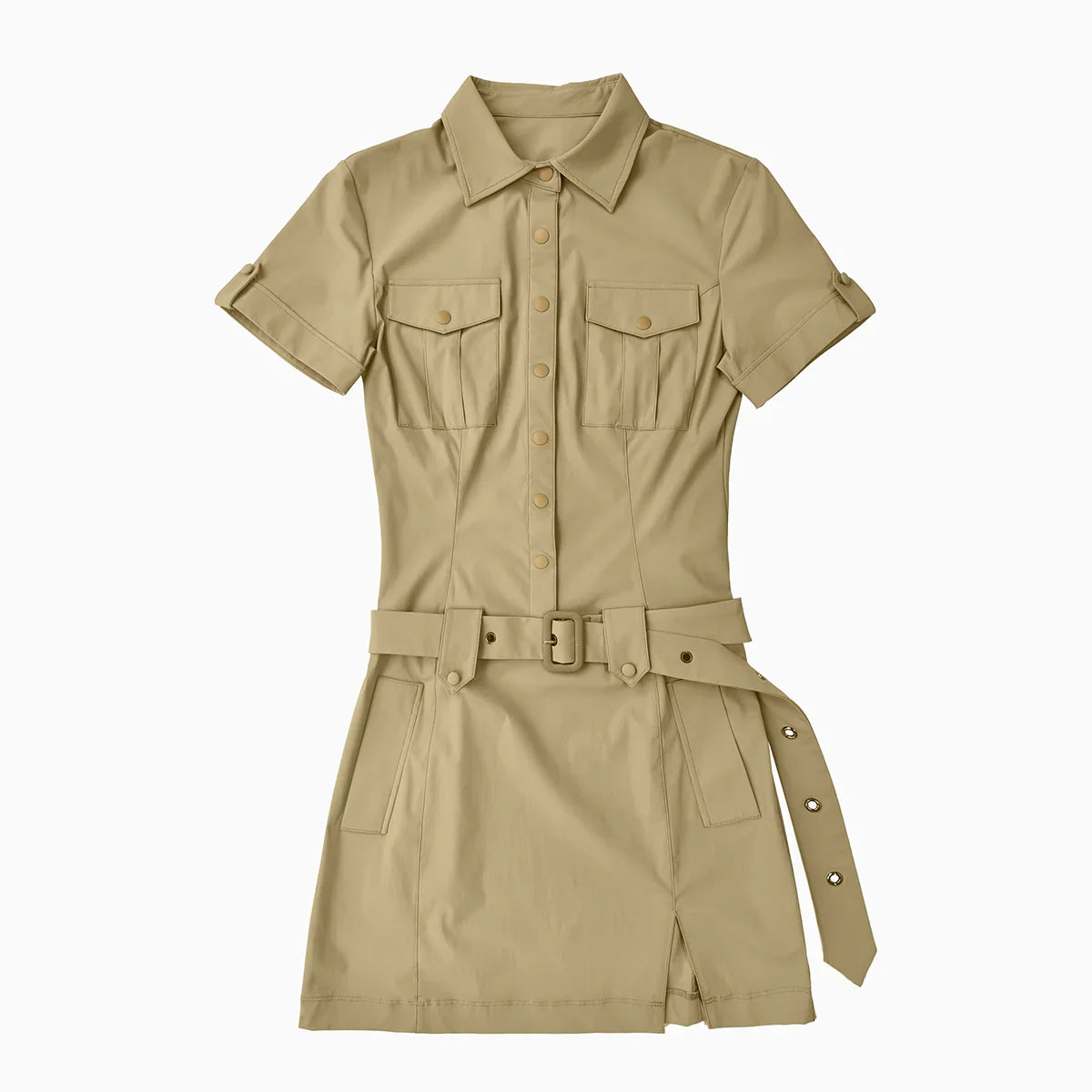Beige dress with short sleeves and a belt on a white background