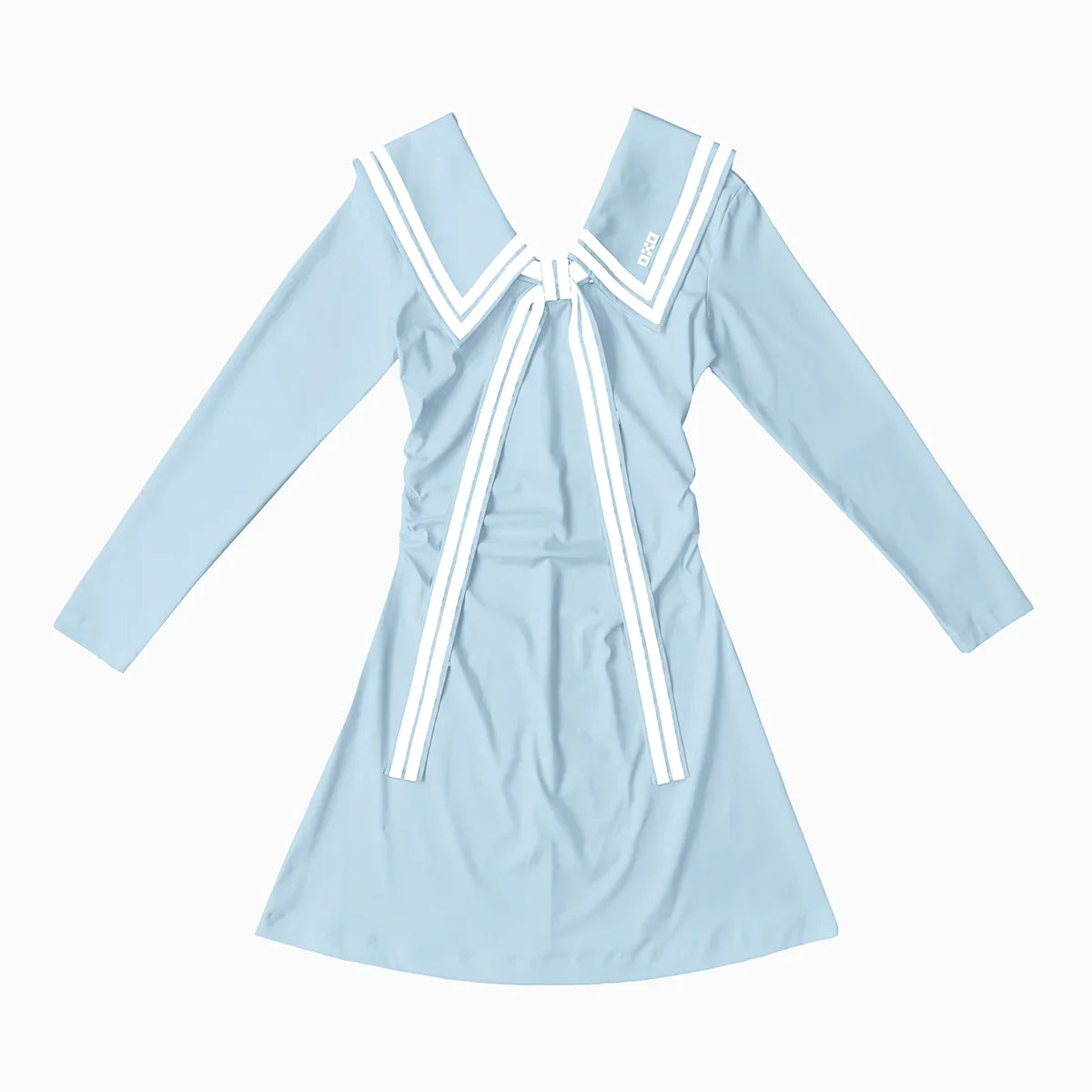 Light blue dress with white accents on a white background