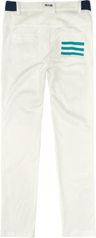 White pants with a blue and green logo on a white background