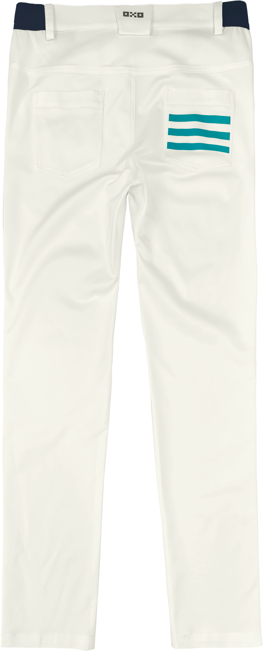 White pants with a blue and green logo on a white background