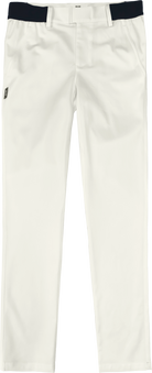 White pants with a black waistband on a white background