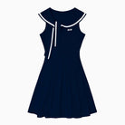 Navy blue dress with white trim on a white background