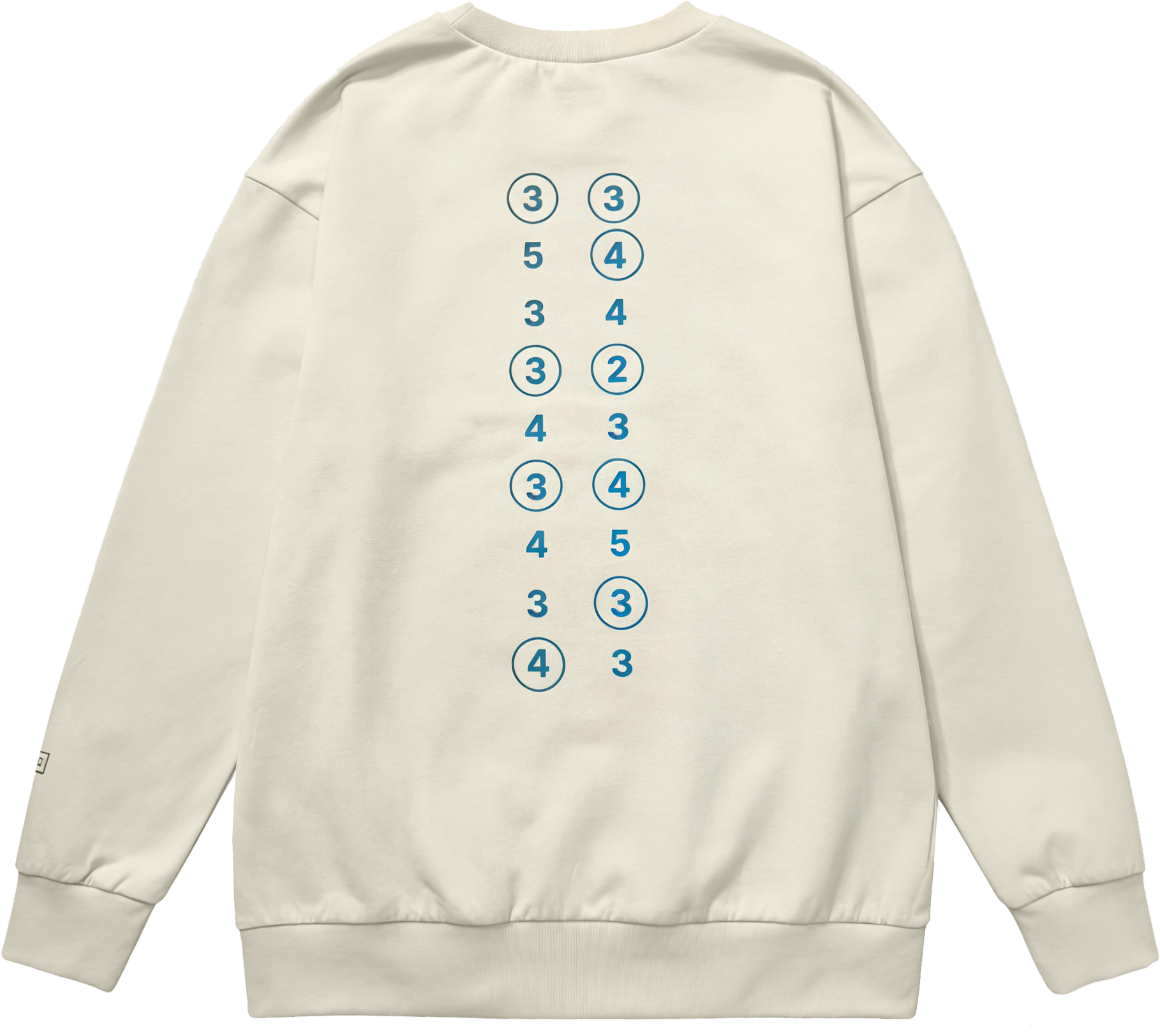 Beige sweatshirt with number pattern on the back against a white background