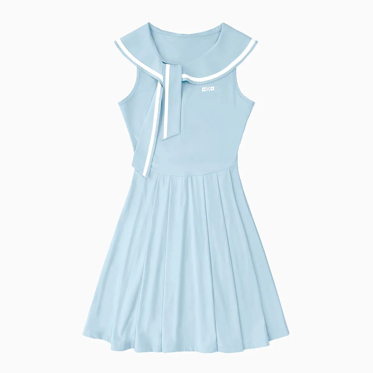 Light blue dress with white trim on a white background