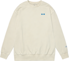 Beige sweatshirt with a logo on the chest against a white background