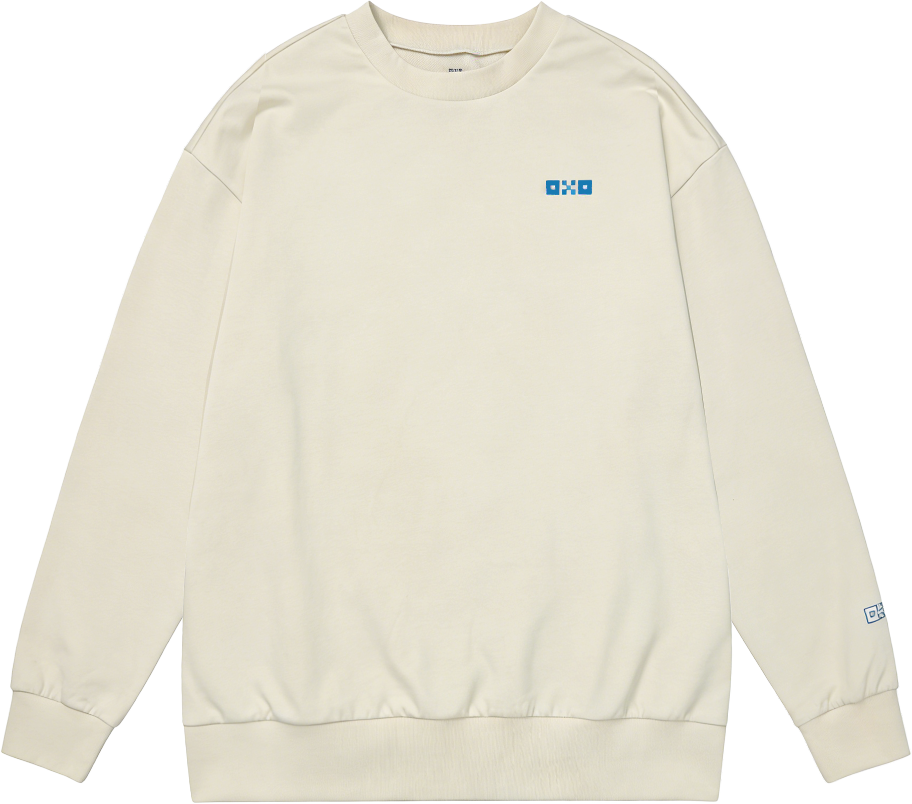 Beige sweatshirt with a logo on the chest against a white background