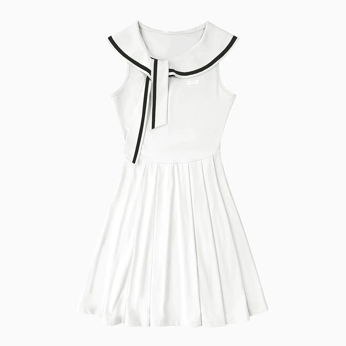 White dress with black trim on a white background